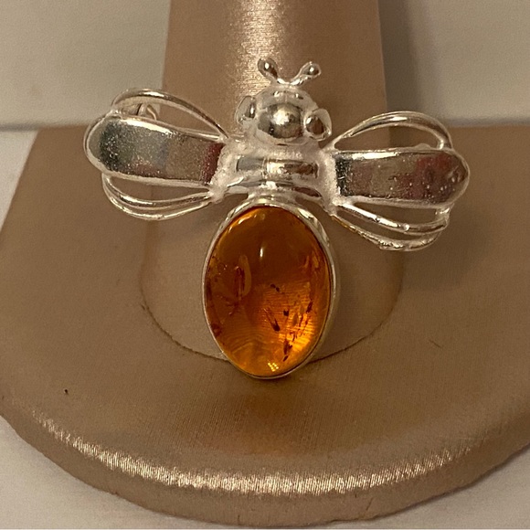 VINTAGE SIGNED CV BROOCH PIN STERLING SILVER AMBER STONE YELLOW ORANGE BEE - Picture 2 of 9